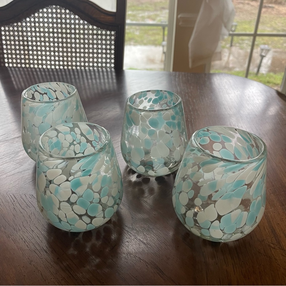 ❌SOLD❌ 4 blue and white speckled glass blown stemless wine glasses